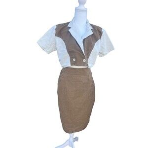 Isetann Women's Vintage Crop Blouse & Skirt Set Brown/White Size MEDIUM